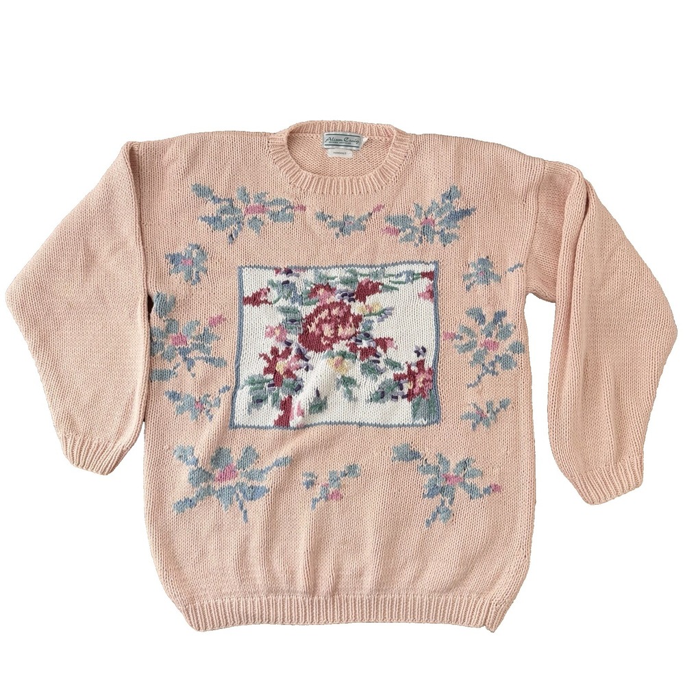Vintage Handknit Floral Sweater Size‎ L 100% Cotton Pink Grandmacore Cottagecore